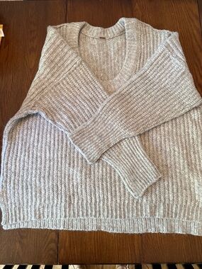 Free People Cozy Ribbed V-Neck Sweater in Light Gray
